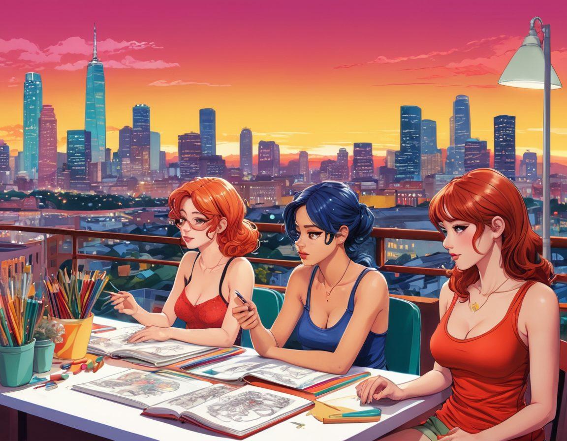 A stylized illustration featuring a diverse group of adults engaging with various forms of adult animation and erotic manga, set against the iconic backdrop of the DMV area. The scene captures the essence of creativity and self-expression, with vibrant colors showcasing a lively atmosphere filled with art supplies, manga panels, and animated characters. Include elements that highlight the cultural relevance of adult animation while maintaining an artistic focus. playful and whimsical style. colorful. digital art.