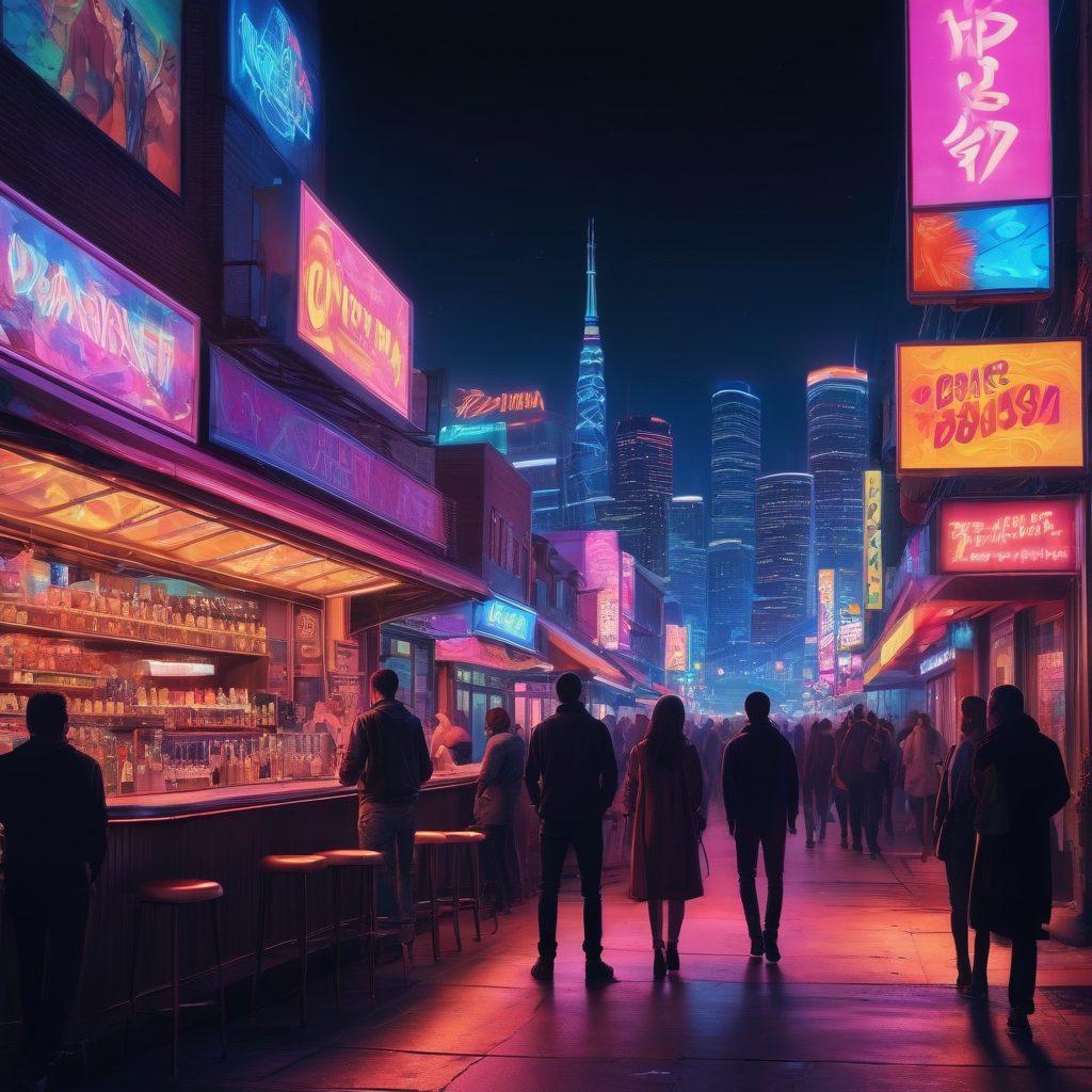 A vibrant collage depicting an eclectic mix of Virginia's nightlife, featuring neon-lit bars and cozy comic shops. In the foreground, characters in diverse styles from hentai and adult comics interact, blending fantasy with reality. The background showcases the skyline of Virginia with colorful lights, inviting energy, and an artistic touch. Emphasize a sense of community and creativity, with hints of playful mischief. vibrant colors. cyberpunk. dynamic composition.